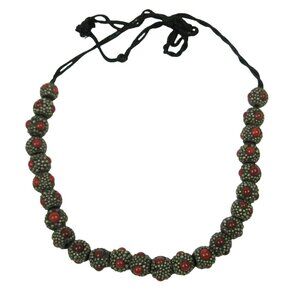 Handmade Tribal Beaded Necklace Red Glass Cabochon Adj Artisan 15 In Boho Hippie